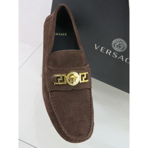NIB VERSACE BROWN SUEDE GOLD MEDUSA HEAD LOGO LOAFERS 42 9 ITALY main image 11
